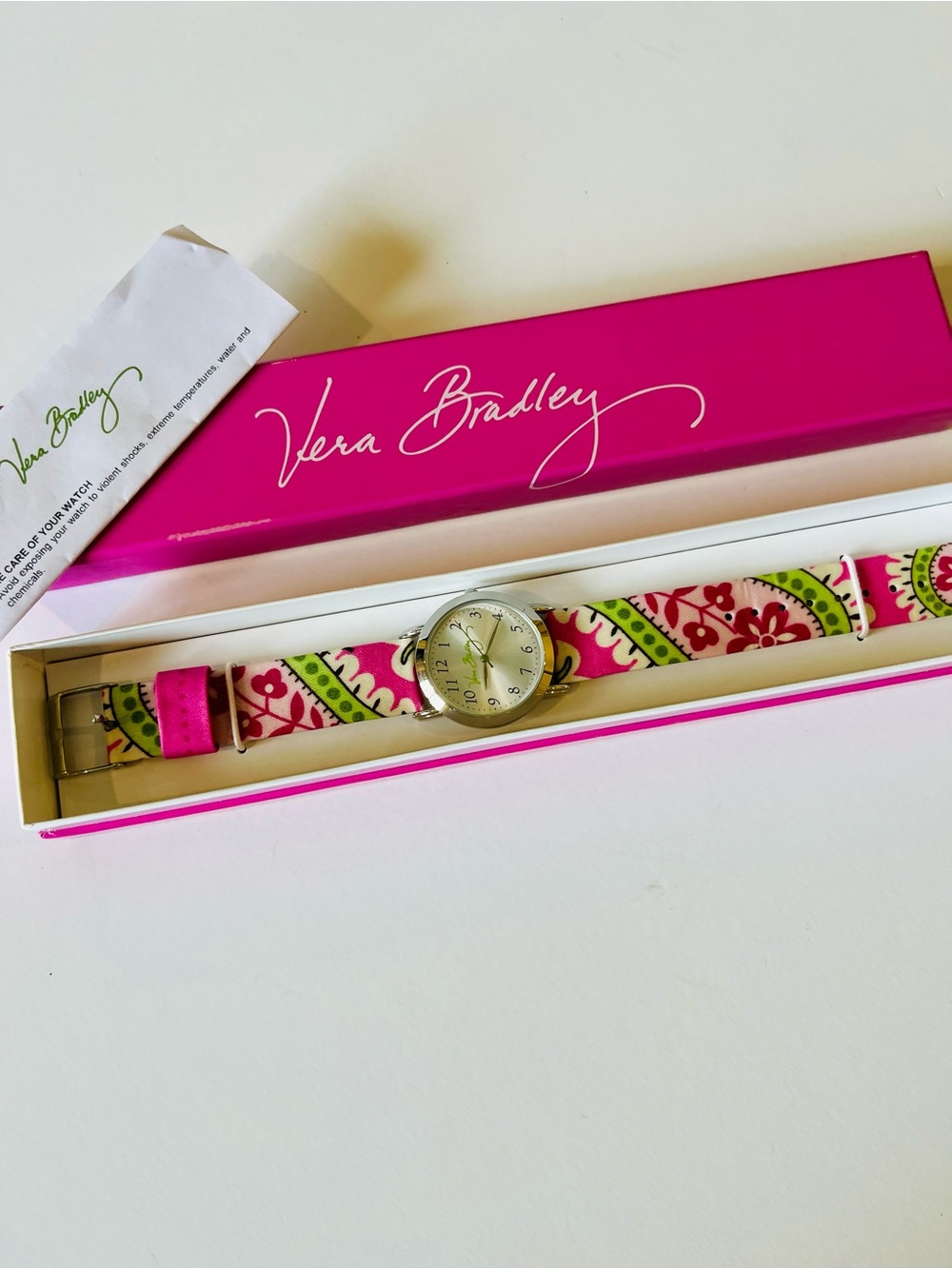 NWT Vera Bradley Floral Paisley Fabric Strap Watch in Hot Pink and Green